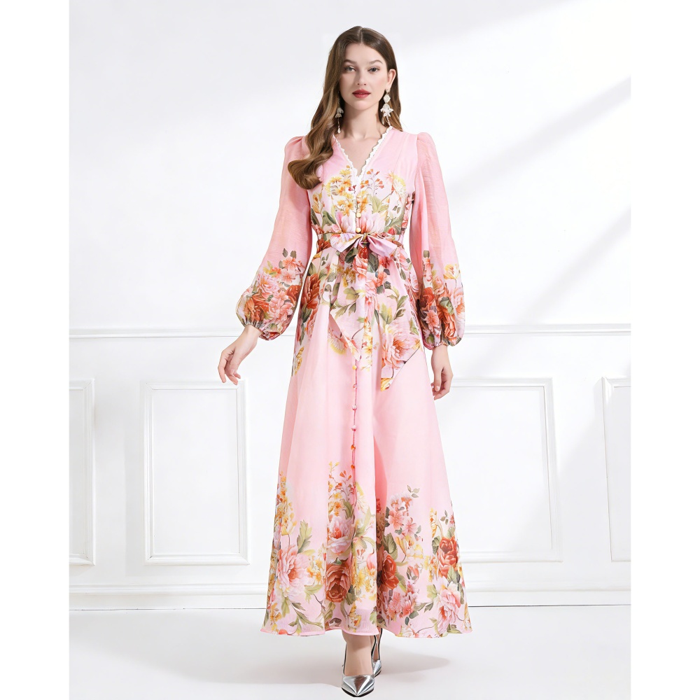 V-neck frenum elegant lace single-breasted spring dress