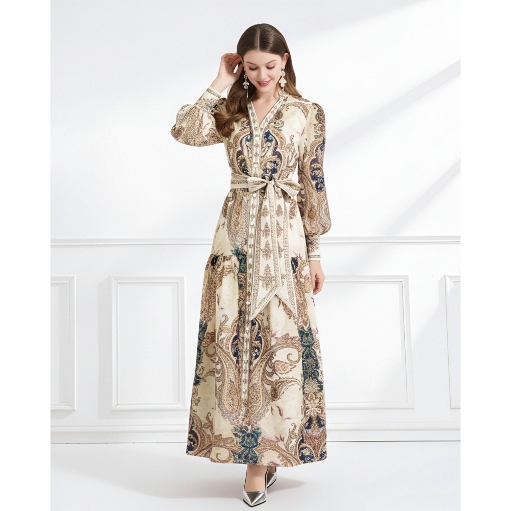 Pattern pinched waist frenum V-neck printing with sling dress