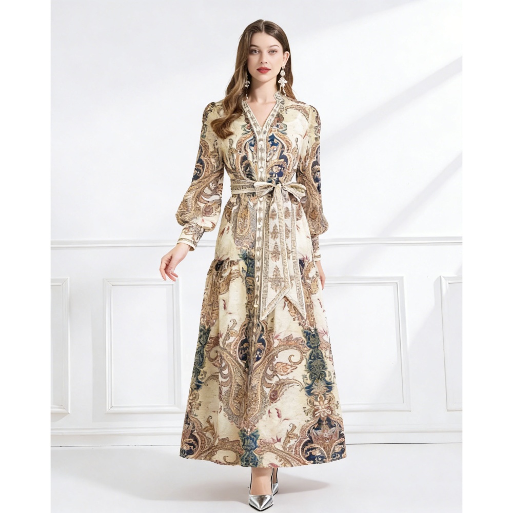 Pattern pinched waist frenum V-neck printing with sling dress