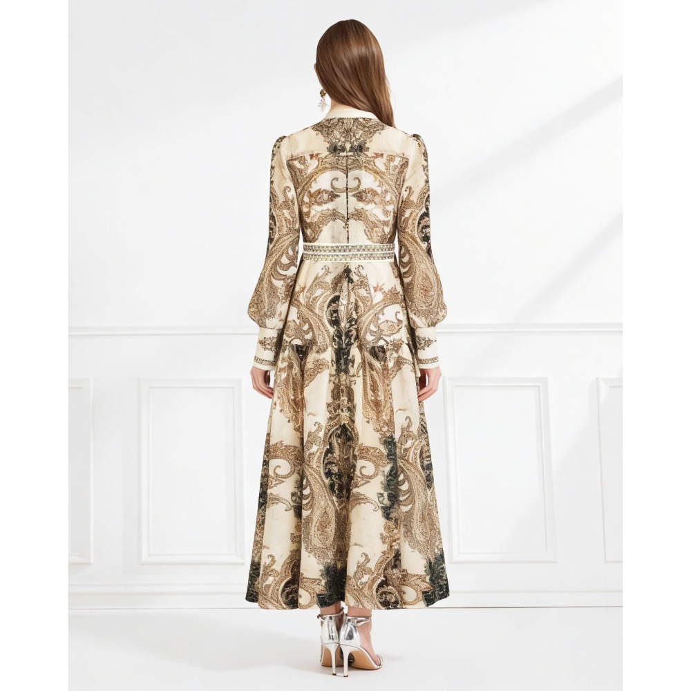 Pattern pinched waist frenum V-neck printing with sling dress