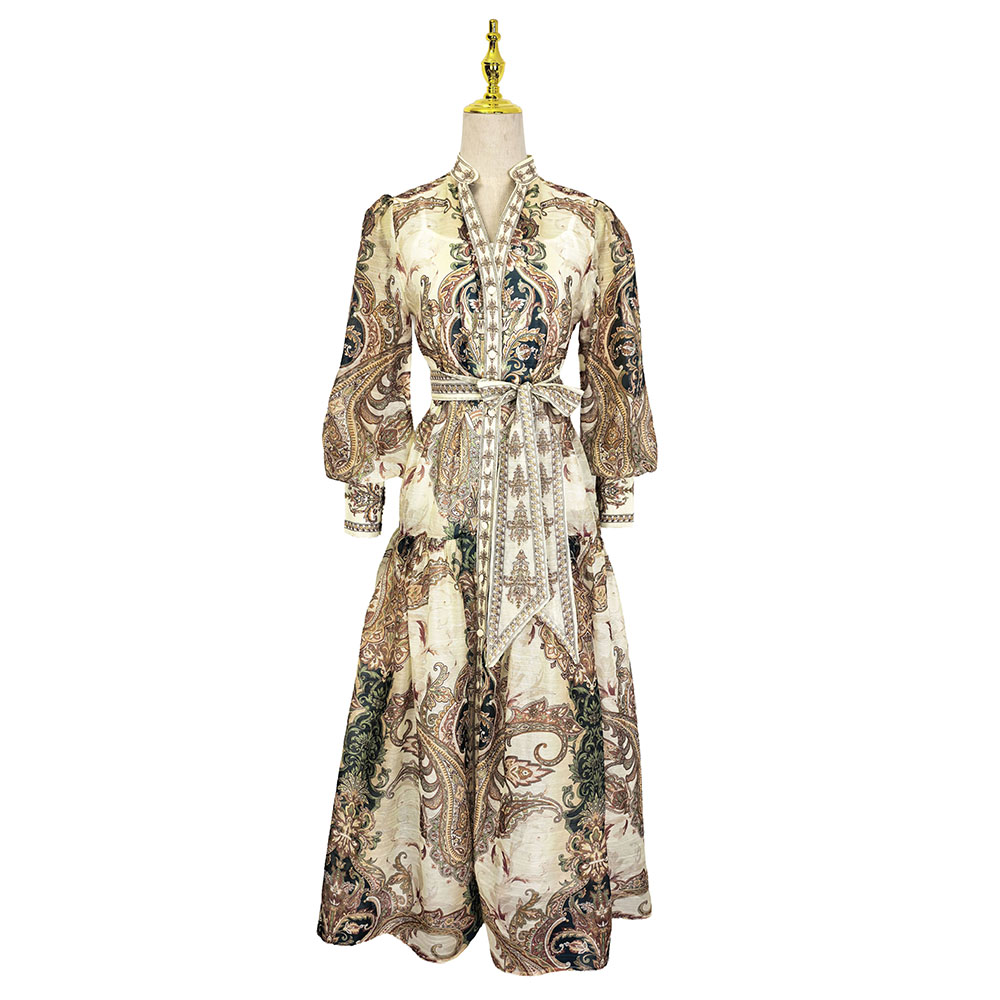 Pattern pinched waist frenum V-neck printing with sling dress