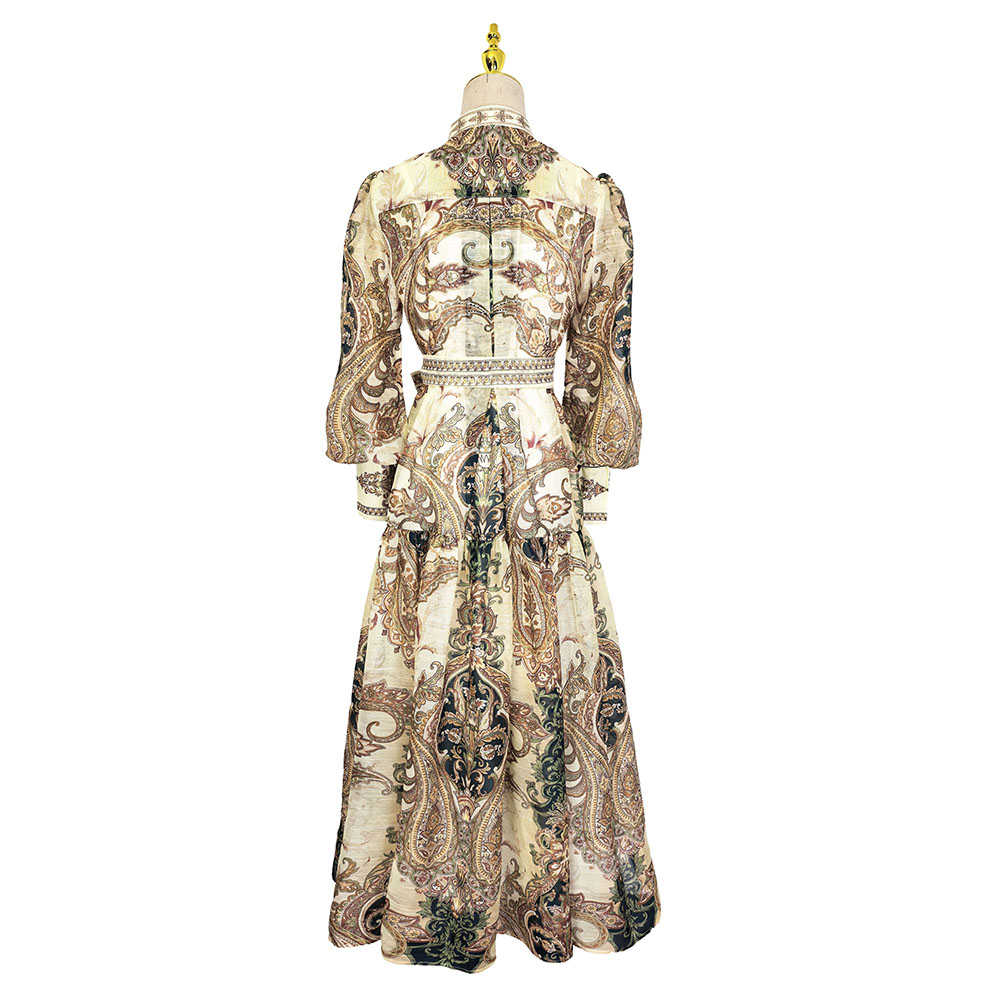 Pattern pinched waist frenum V-neck printing with sling dress