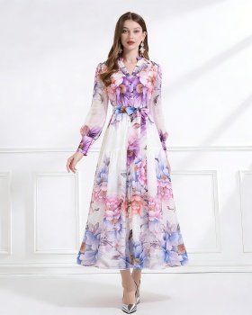 Pinched waist V-neck pattern retro printing dress