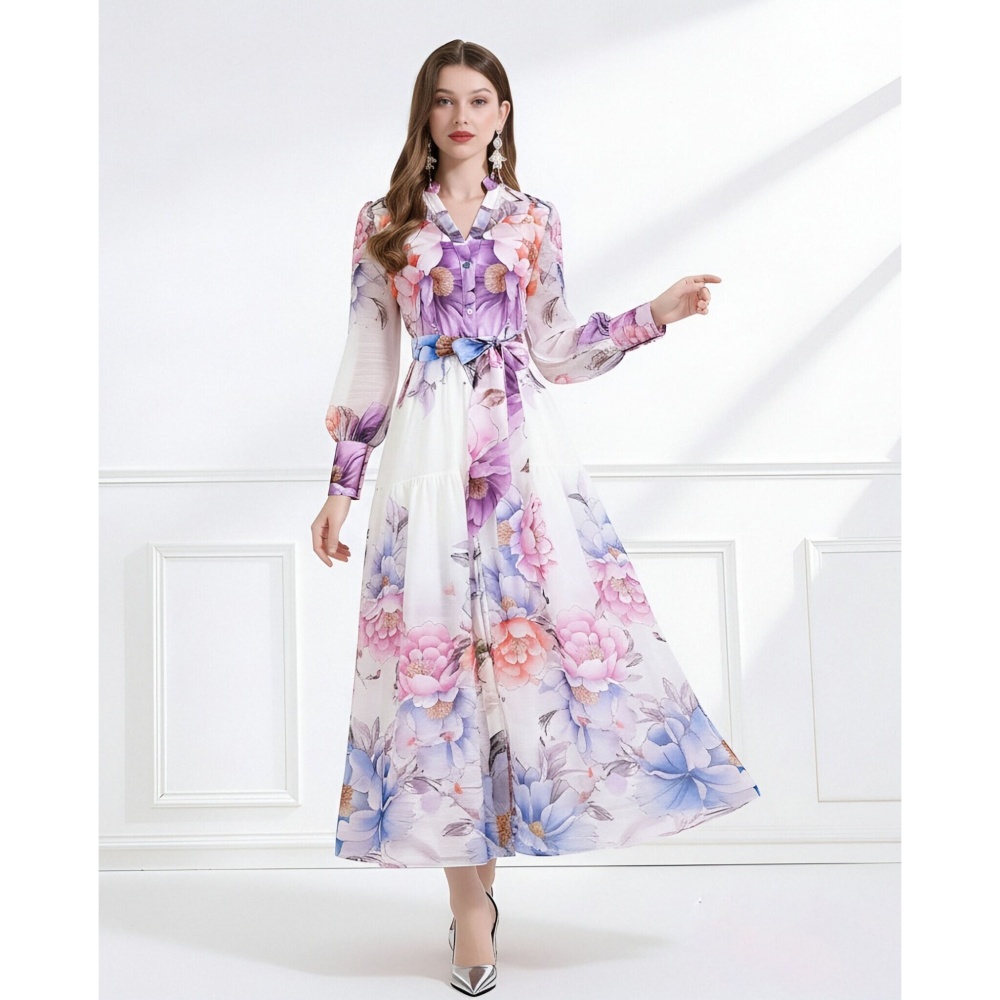 Pinched waist V-neck pattern retro printing dress