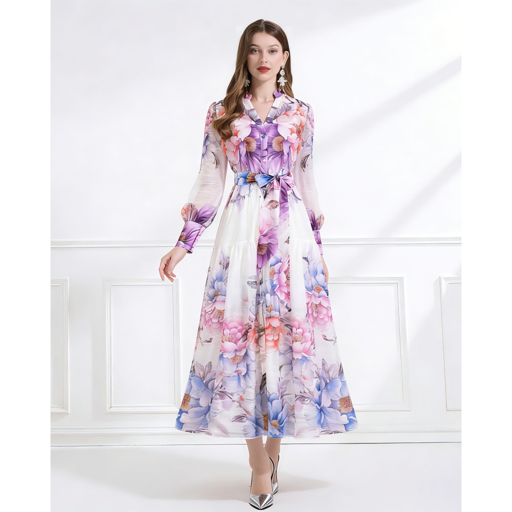 Pinched waist V-neck pattern retro printing dress