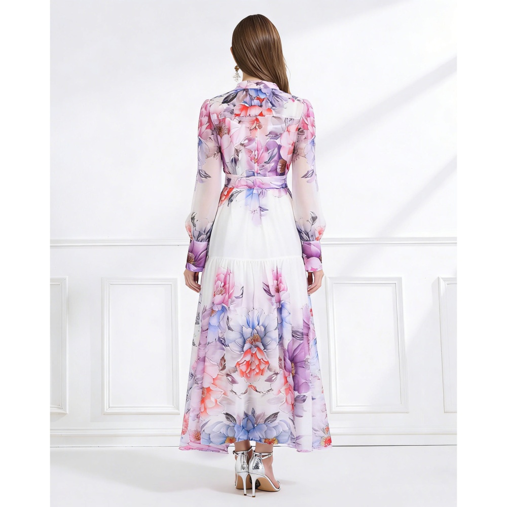 Pinched waist V-neck pattern retro printing dress