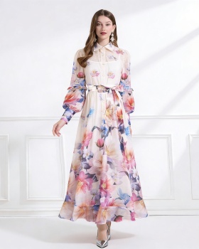 Flowers pattern vacation pinched waist dress