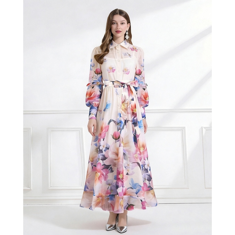 Flowers pattern vacation pinched waist dress