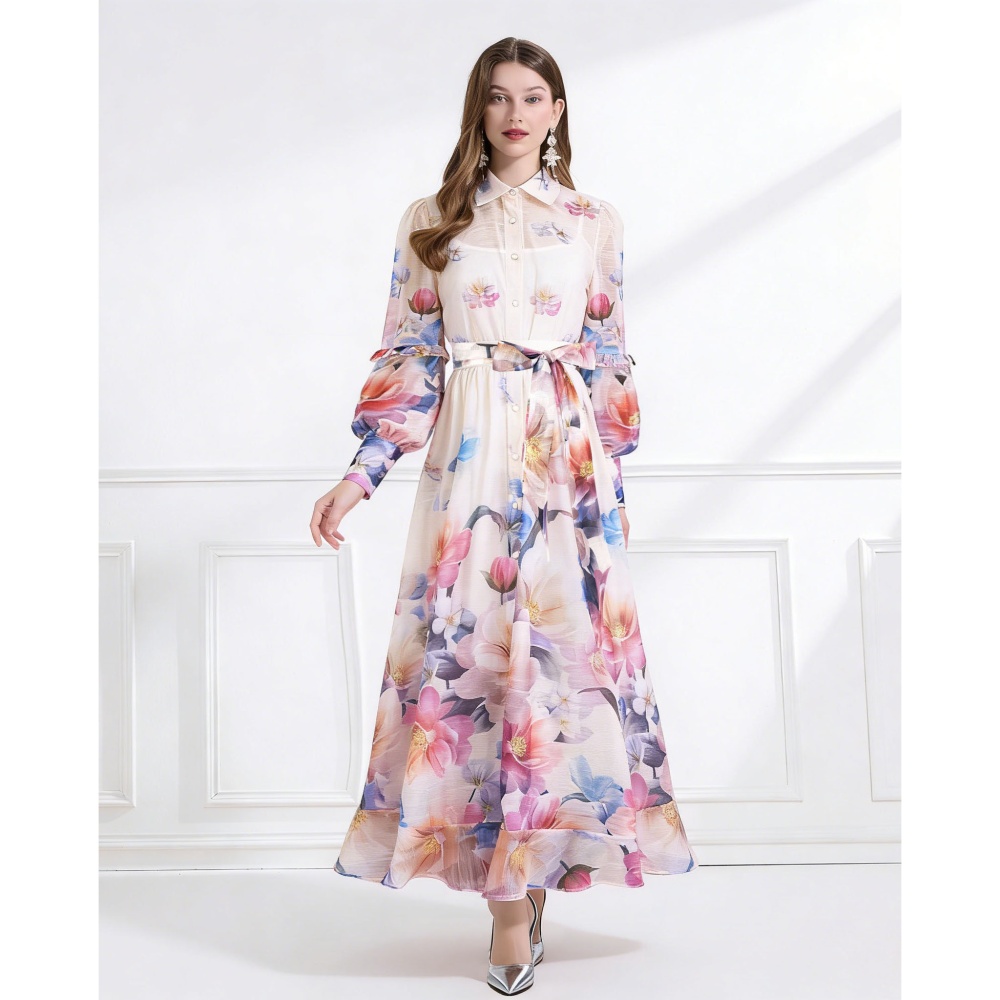 Flowers pattern vacation pinched waist dress