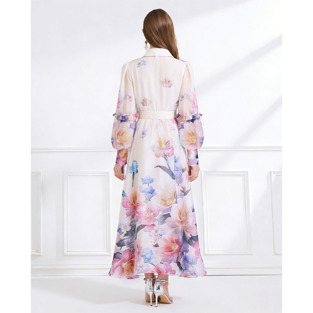 Flowers pattern vacation pinched waist dress