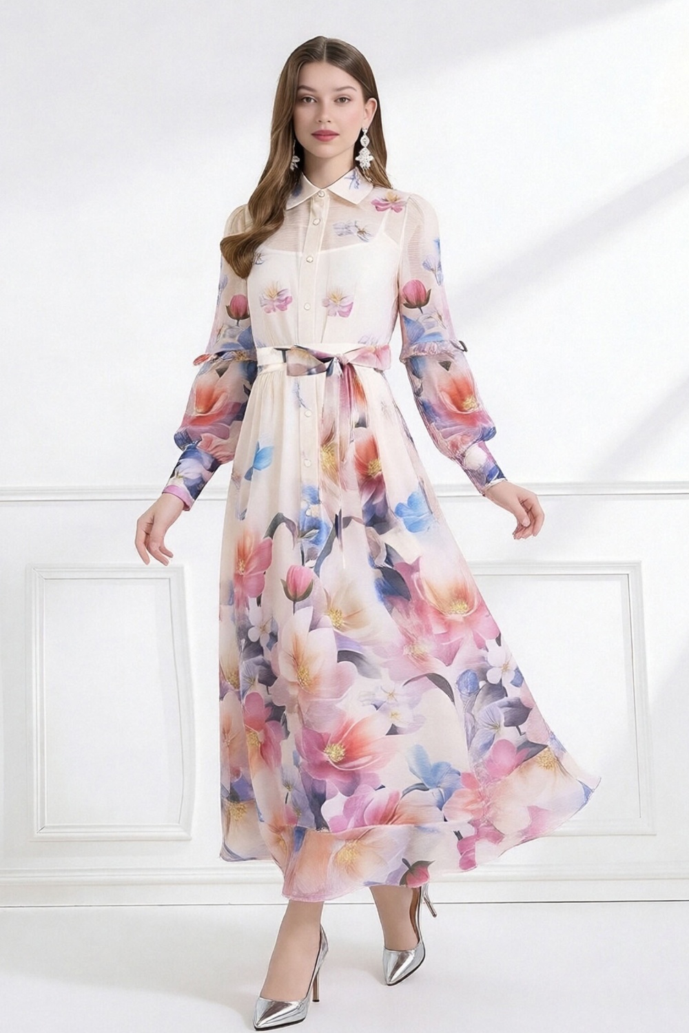 Flowers pattern vacation pinched waist dress