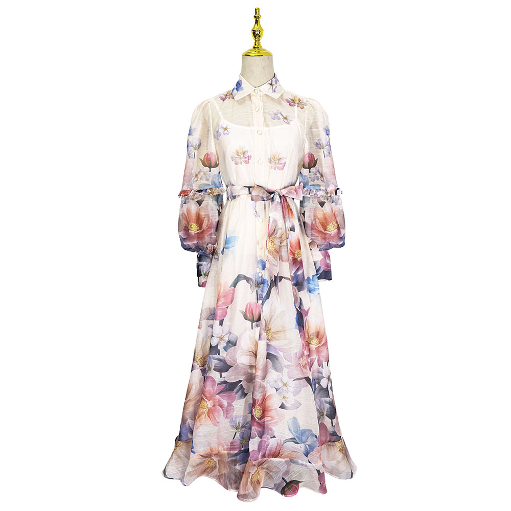 Flowers pattern vacation pinched waist dress