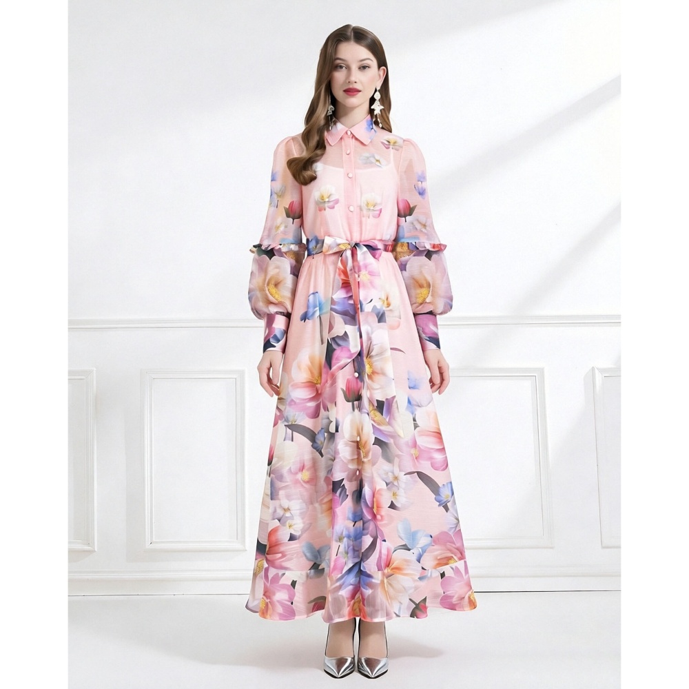 Pattern vacation frenum pinched waist dress