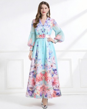 Pattern lantern sleeve dress vacation business suit