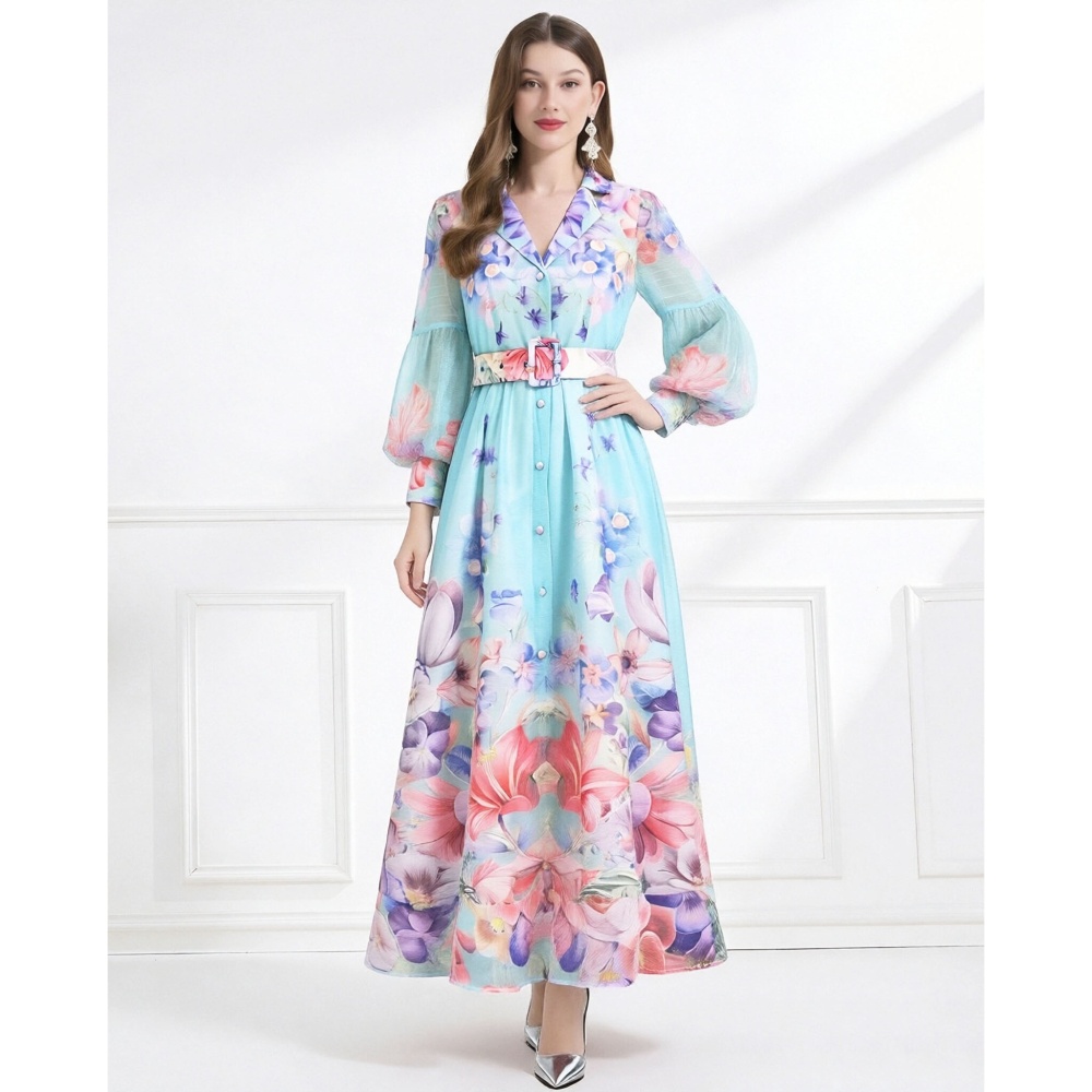 Pattern lantern sleeve dress vacation business suit