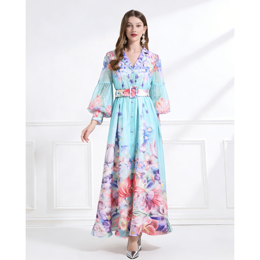 Pattern lantern sleeve dress vacation business suit