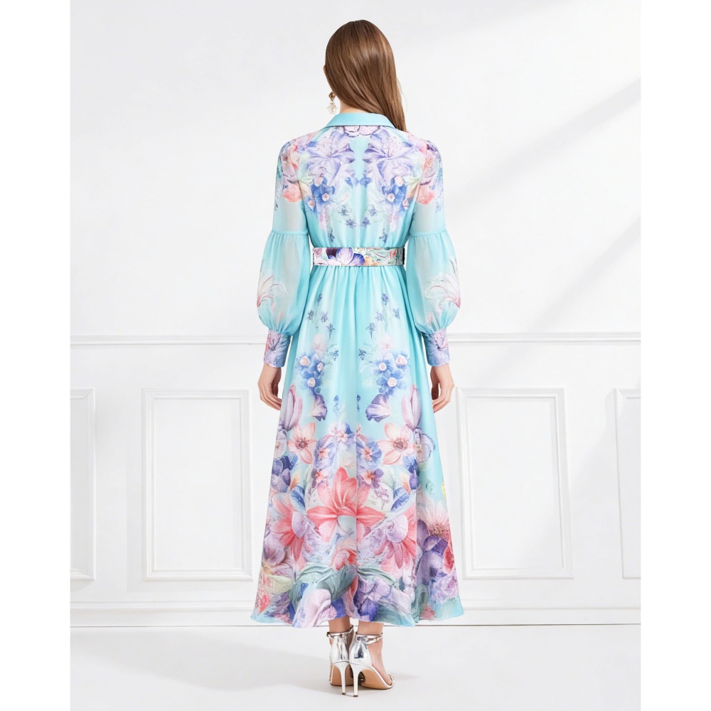 Pattern lantern sleeve dress vacation business suit
