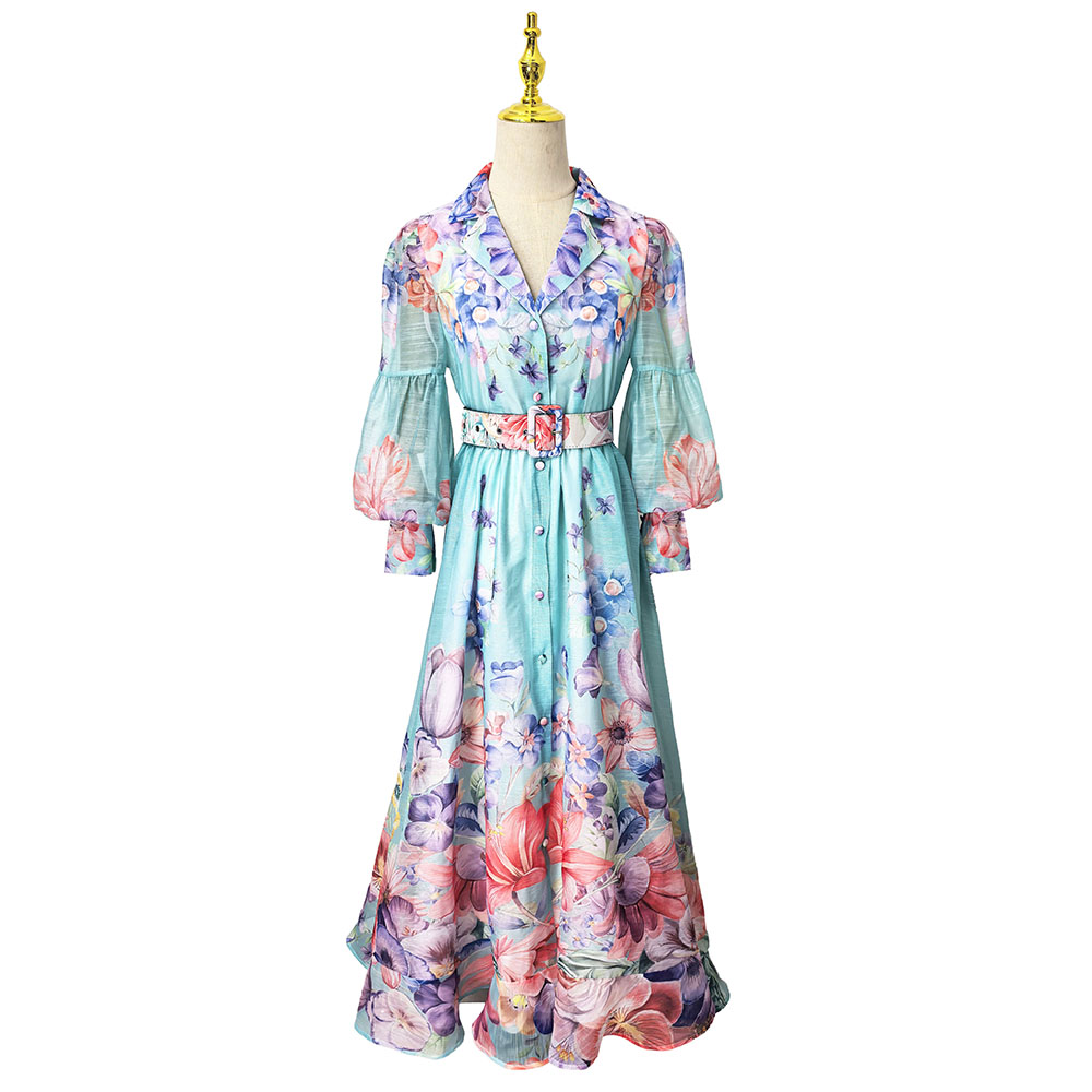 Pattern lantern sleeve dress vacation business suit