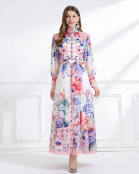 Pattern chiffon cstand collar vacation single-breasted dress