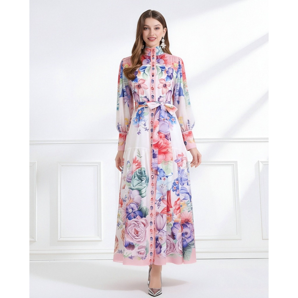 Pattern chiffon cstand collar vacation single-breasted dress