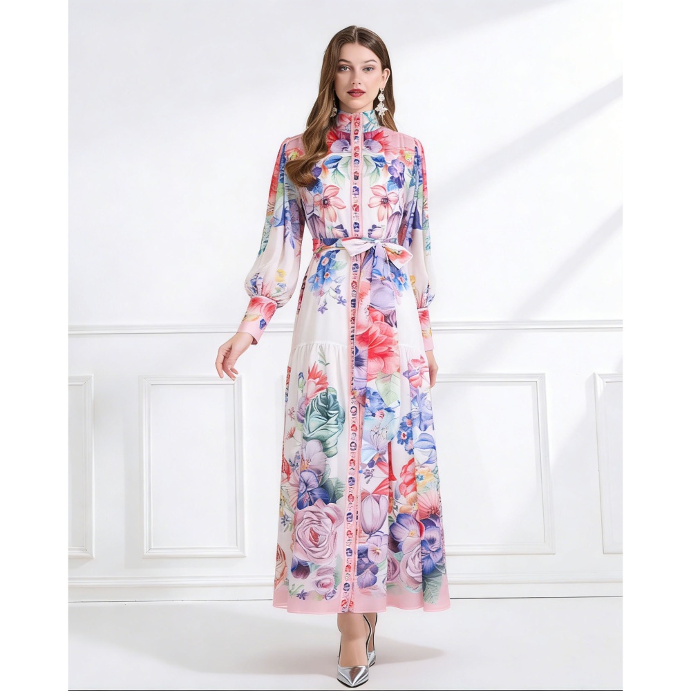 Pattern chiffon cstand collar vacation single-breasted dress