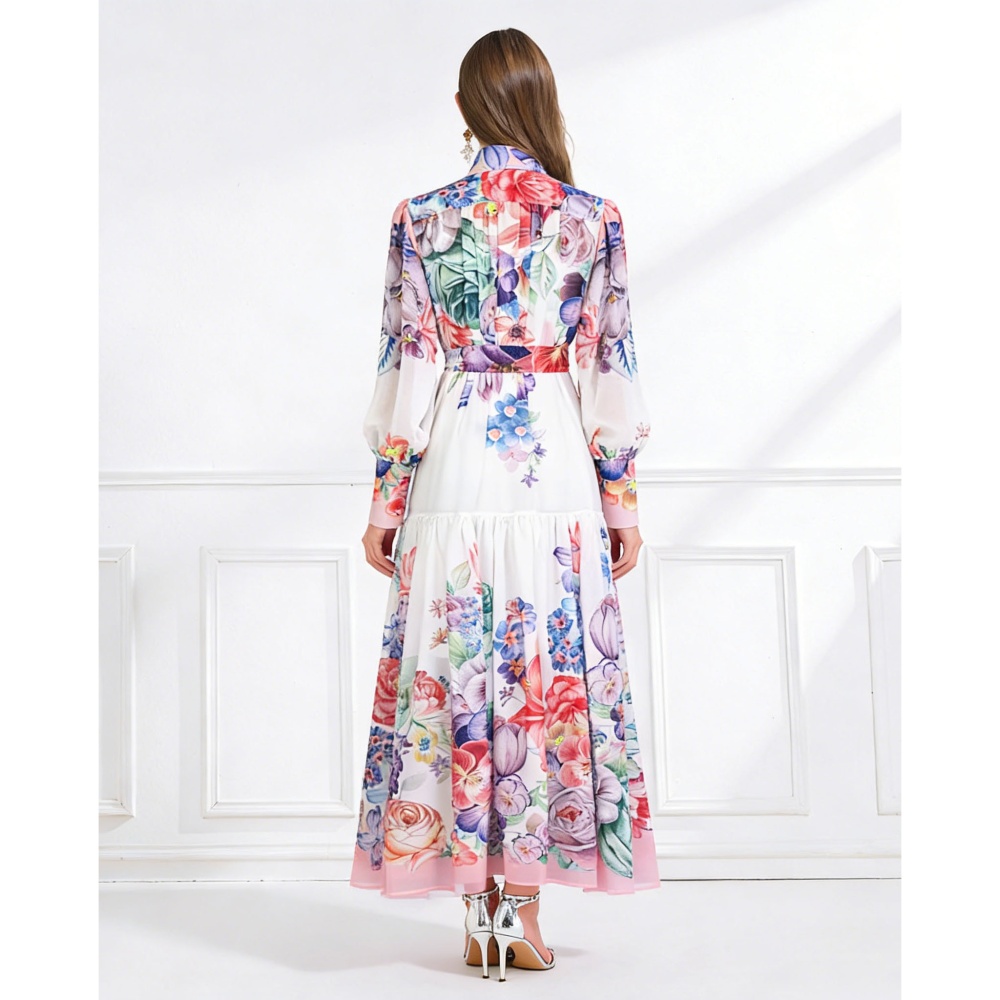 Pattern chiffon cstand collar vacation single-breasted dress