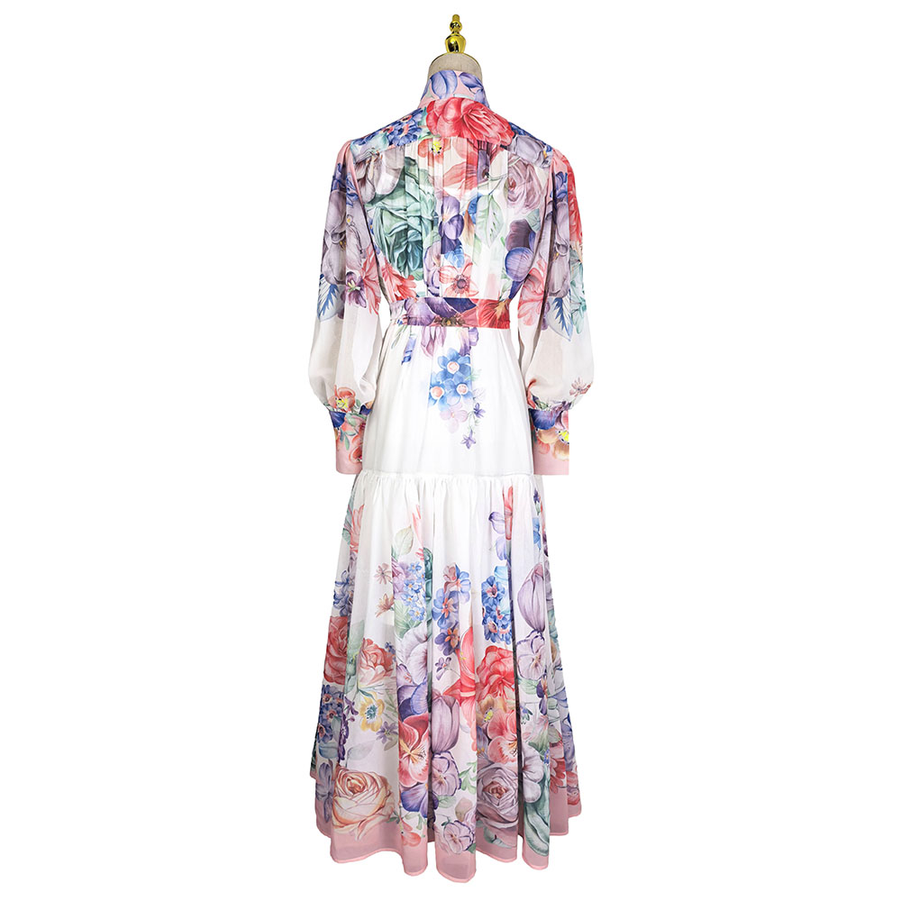 Pattern chiffon cstand collar vacation single-breasted dress