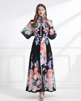 Flowers chiffon pattern vacation cstand collar dress