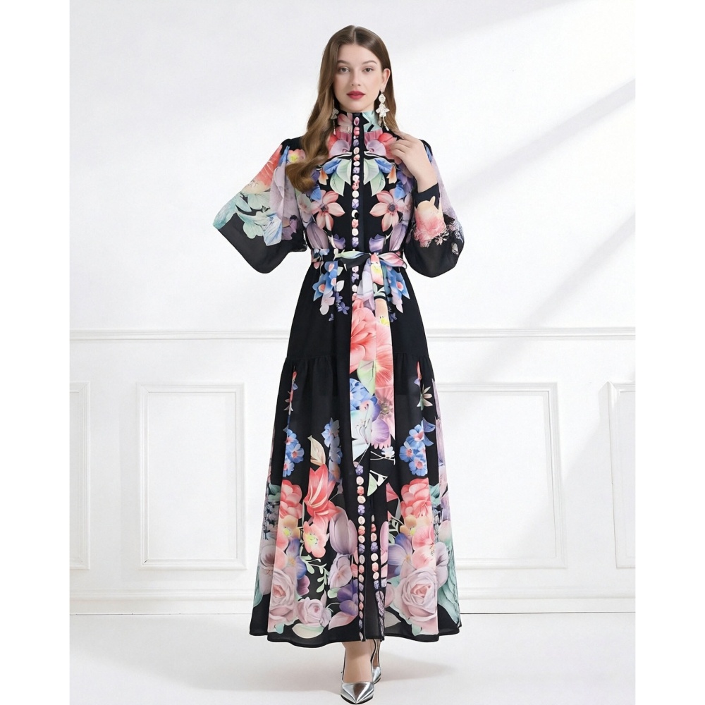 Flowers chiffon pattern vacation cstand collar dress