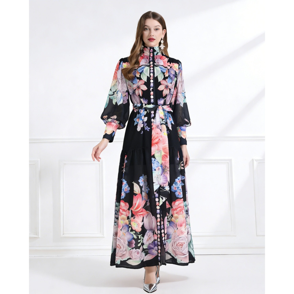 Flowers chiffon pattern vacation cstand collar dress