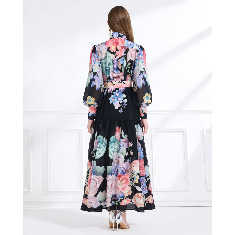 Flowers chiffon pattern vacation cstand collar dress