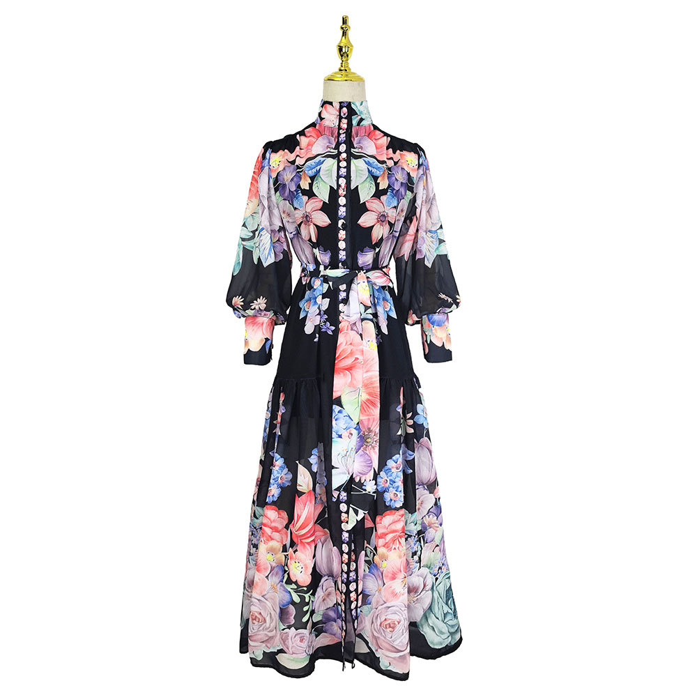 Flowers chiffon pattern vacation cstand collar dress