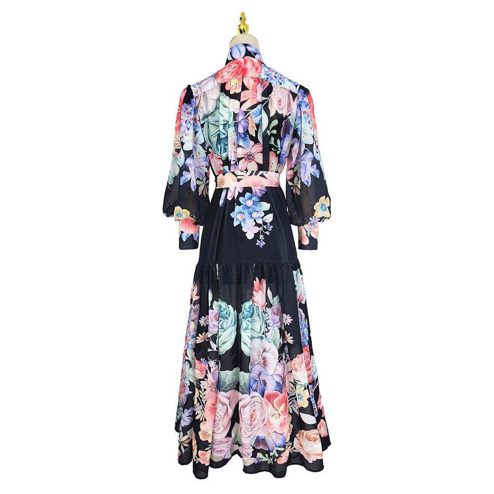 Flowers chiffon pattern vacation cstand collar dress