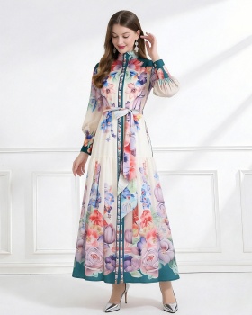 Chiffon flowers cstand collar single-breasted pattern dress