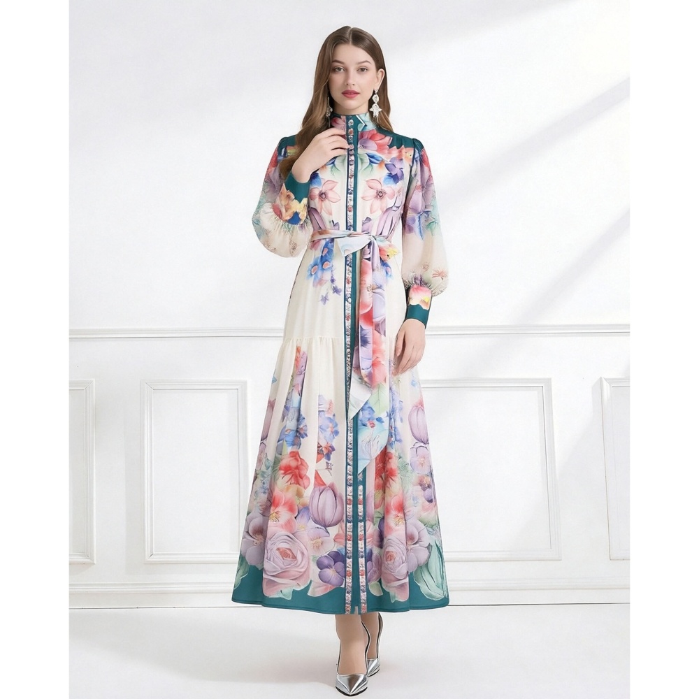 Chiffon flowers cstand collar single-breasted pattern dress