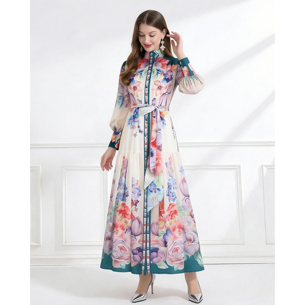 Chiffon flowers cstand collar single-breasted pattern dress