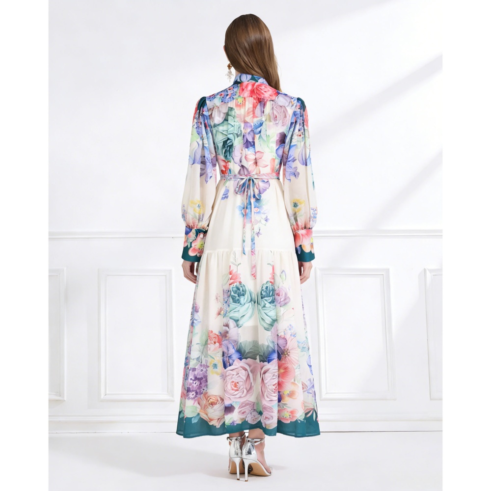 Chiffon flowers cstand collar single-breasted pattern dress