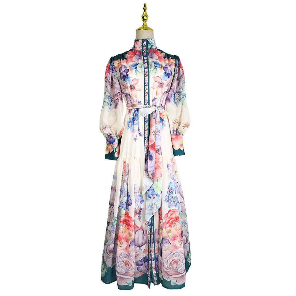 Chiffon flowers cstand collar single-breasted pattern dress