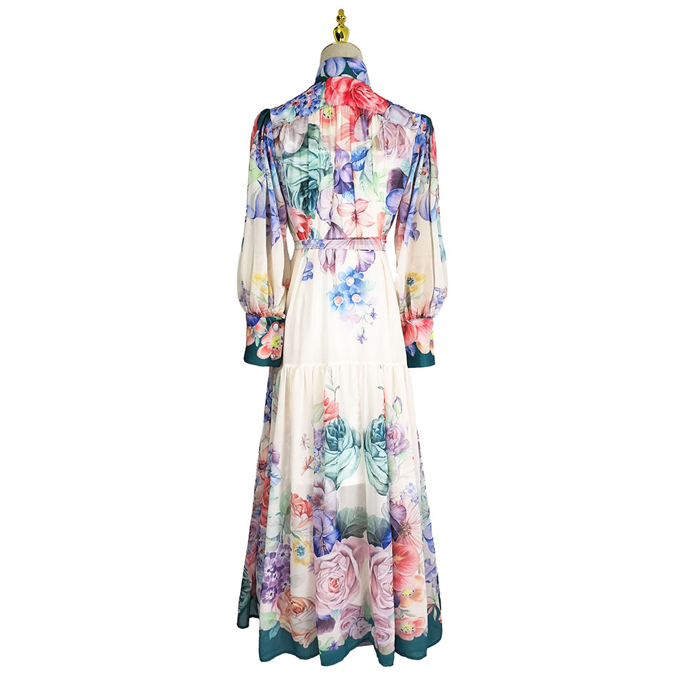 Chiffon flowers cstand collar single-breasted pattern dress