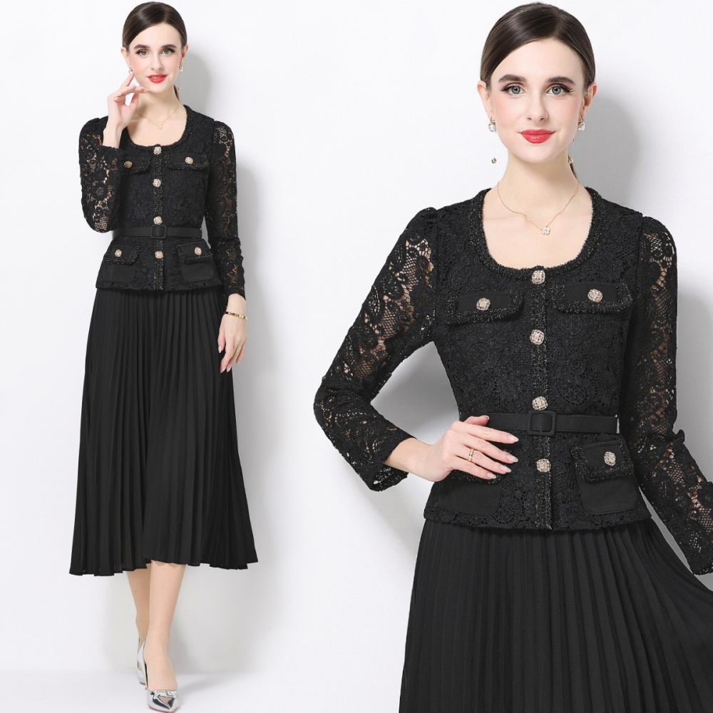 Slim splice square collar France style long pleated dress