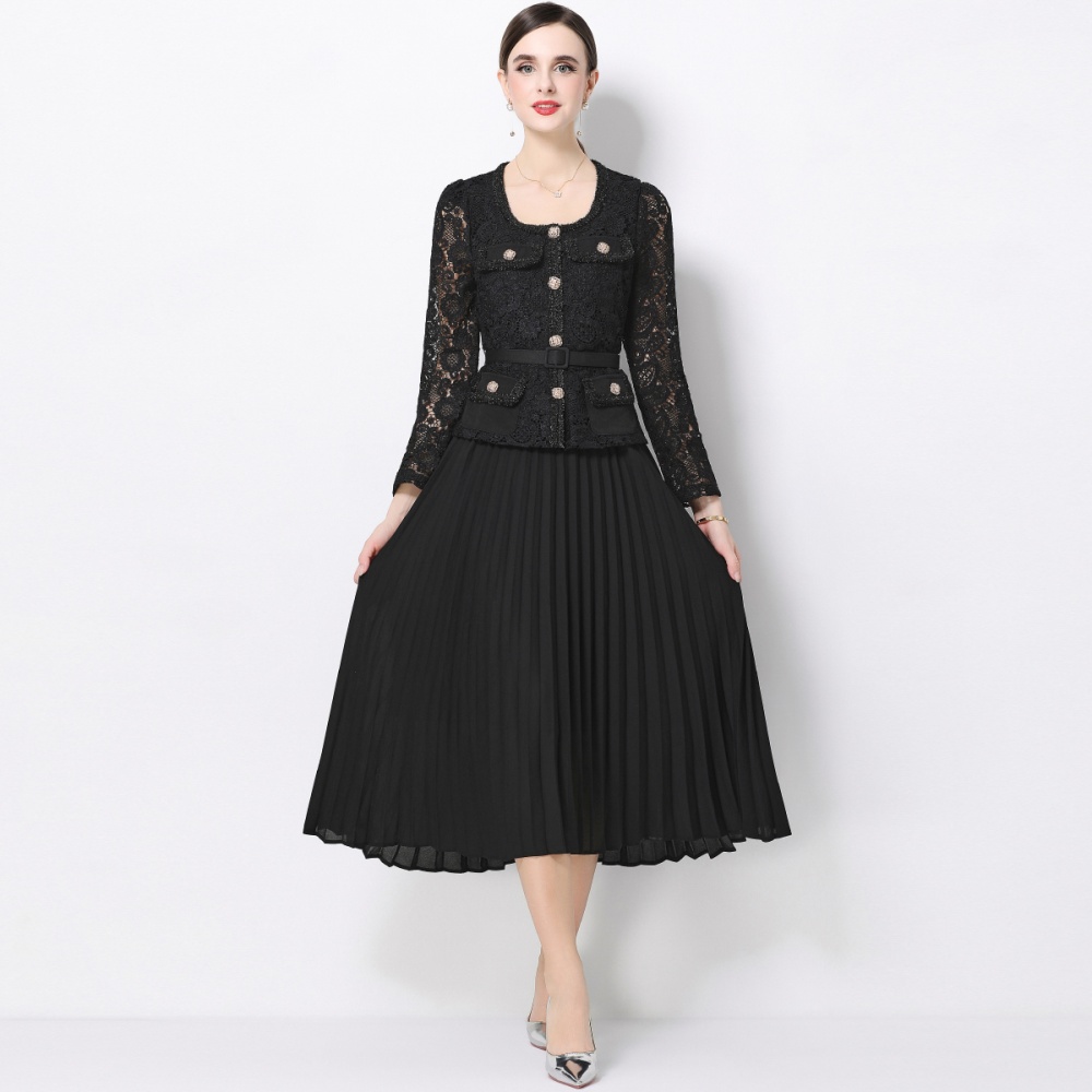 Slim splice square collar France style long pleated dress