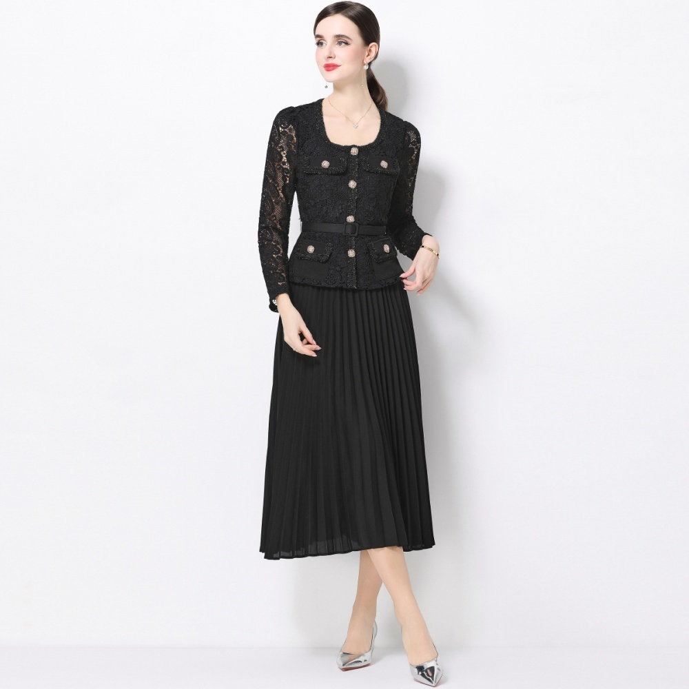 Slim splice square collar France style long pleated dress