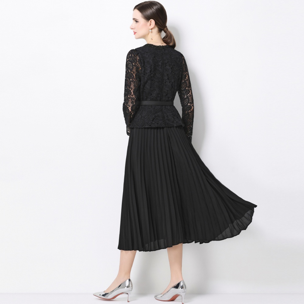 Slim splice square collar France style long pleated dress