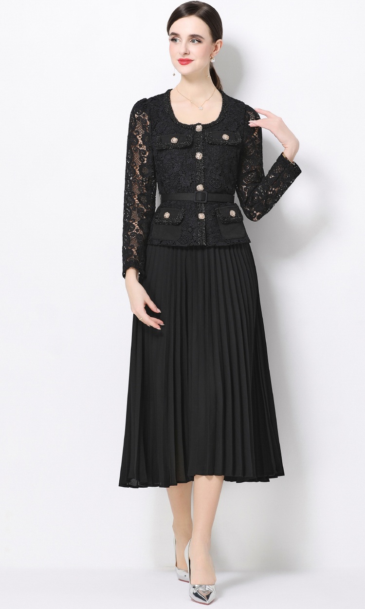 Slim splice square collar France style long pleated dress