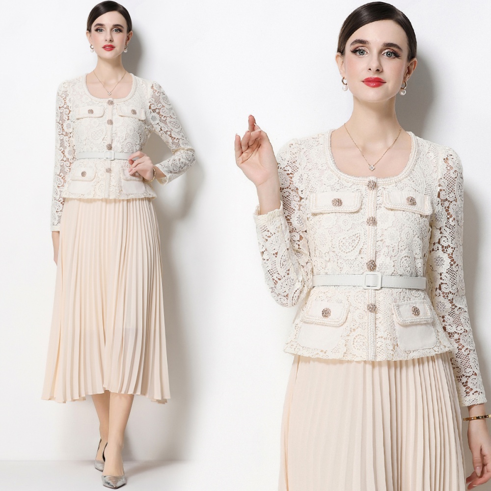 Lace long splice slim square collar pleated dress