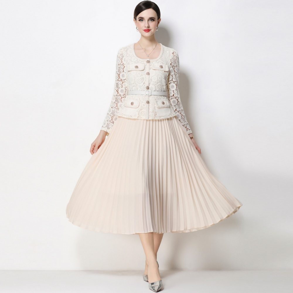 Lace long splice slim square collar pleated dress