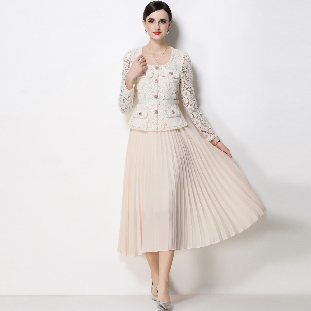 Lace long splice slim square collar pleated dress