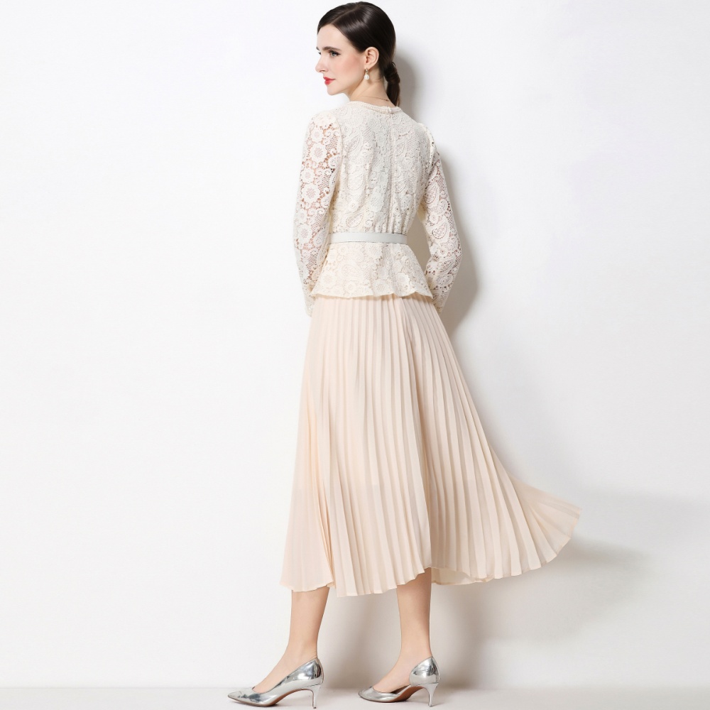 Lace long splice slim square collar pleated dress