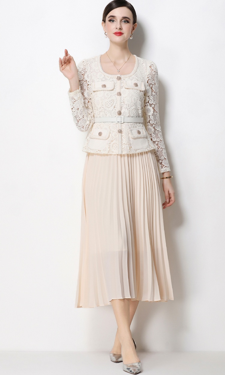 Lace long splice slim square collar pleated dress