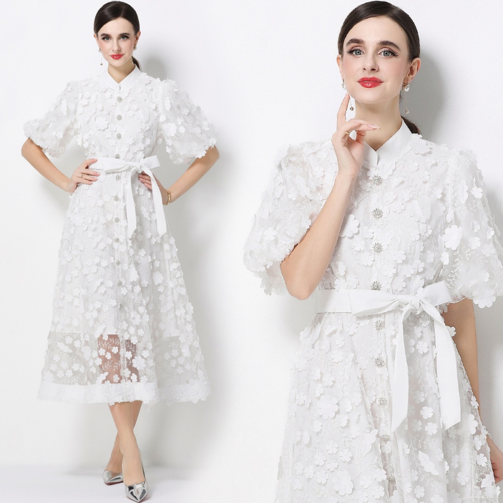 Romantic style slim flowers embroidery elegant dress